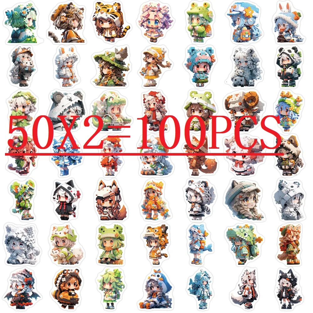 50/100PCS Pixel Style Girl Graffiti Stickers Personalized Decoration Guitar Notebook Luggage Stationery DIY Waterproof Stickers