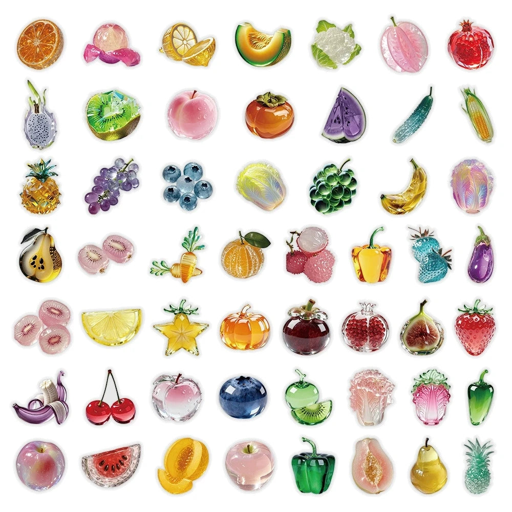 50/100PCS Transparent Fruit & Vegetable Food Stickers PET Waterproof Decor DIY Stationery Notebook