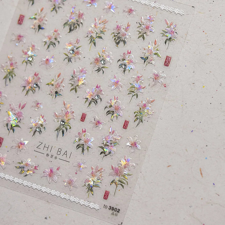 Classic White Flowers Nail Charms Stickers 5D Embossed Pearls Flowers Ribbon Design Nail Art Stickers DIY 3D Manicure Decoration