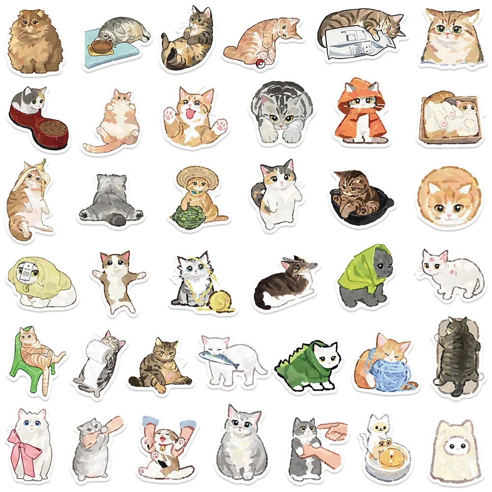 77Pcs Hand Drawn Cartoon Cat Cute Graffiti Sticker Helmet Luggage Computer Phone Skateboard Guitar Waterproof Sticker