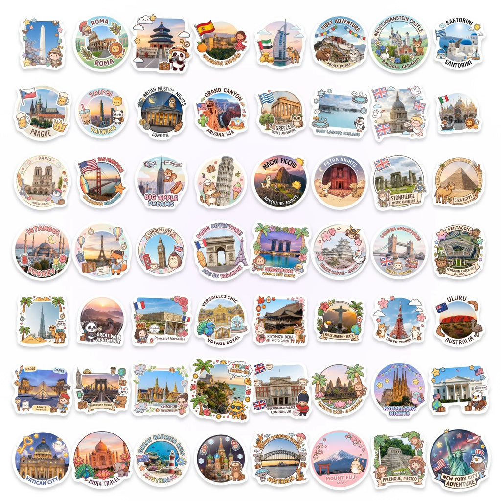 50/100 Pcs Cartoon World Landmark Architecture Travel Stickers DIY for Suitcase Diary Scrapbook File Holder Helmet Thick Decals