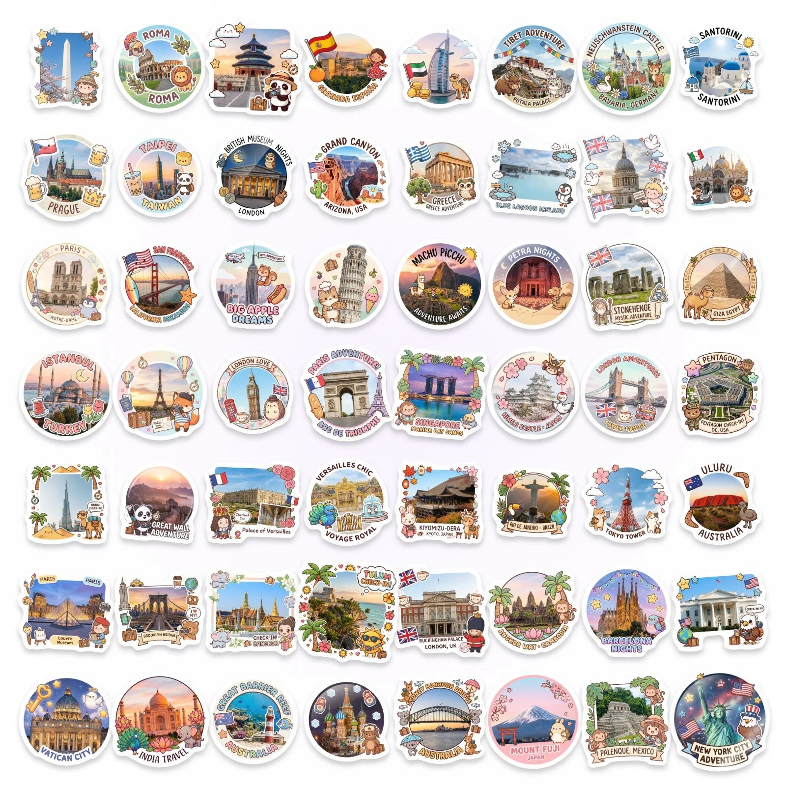 50/100 Pcs Cartoon World Landmark Architecture Travel Stickers DIY for Suitcase Diary Scrapbook File Holder Helmet Thick Decals