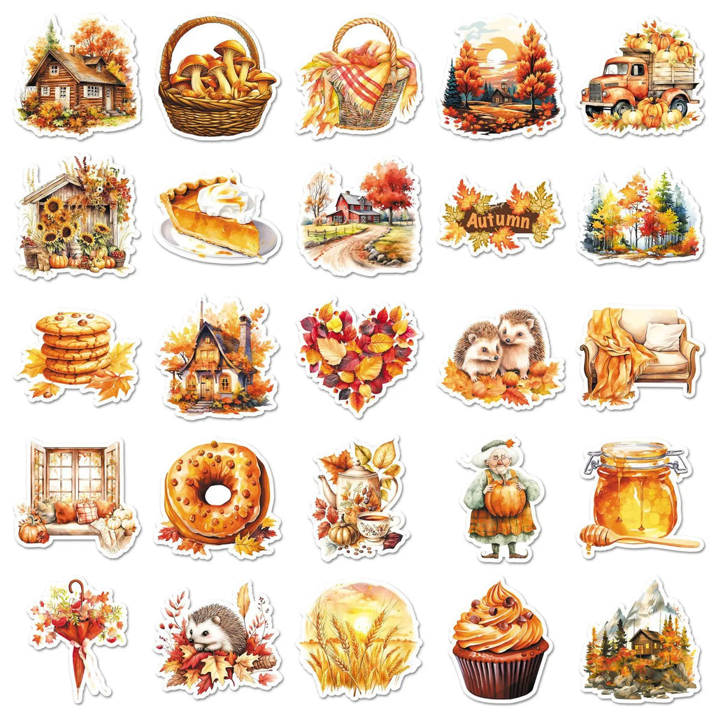 50/100PCS Golden Autumn Stickers Season Autumn Cartoon Autumn Yellow Fallen Leaf Waterproof Decorative Stickers