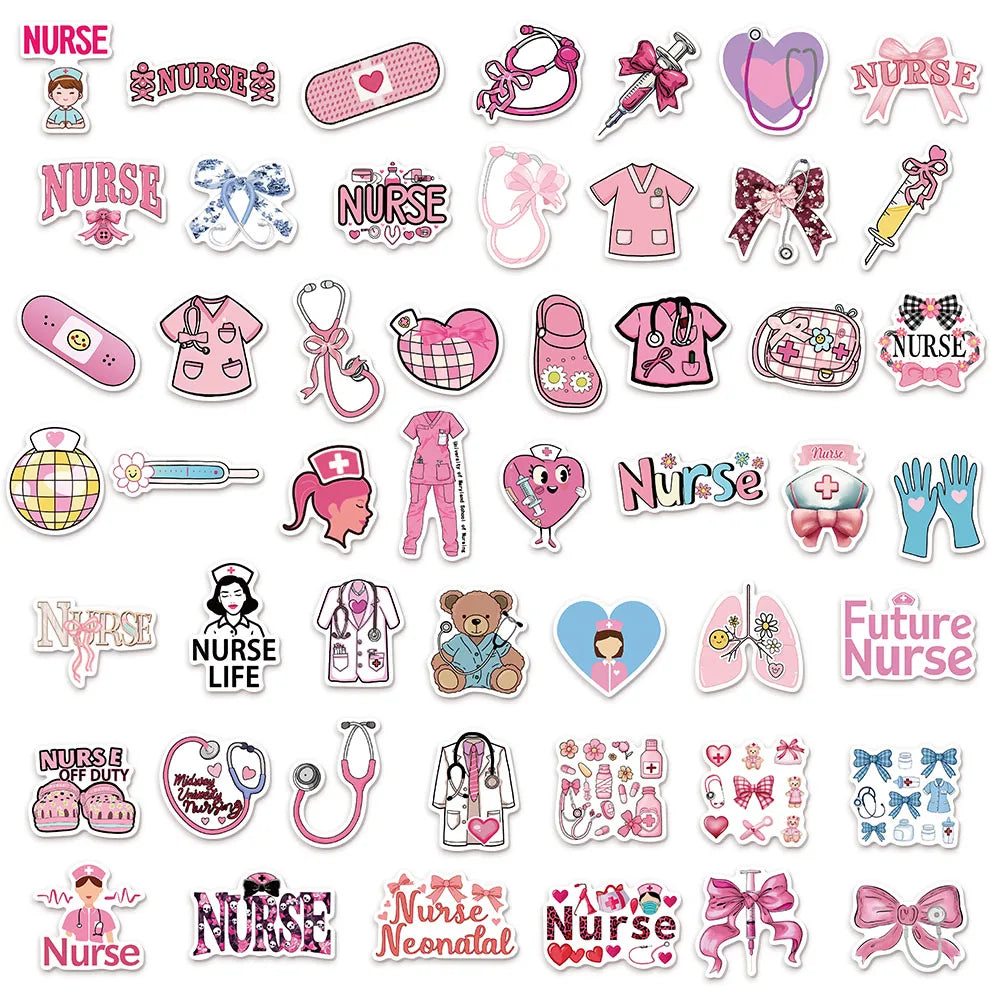 50PCS Pink Bow Nurse Creative DIY Stickers Sketchbook Handmade Mobile Luggage Skateboard Waterproof Stickers