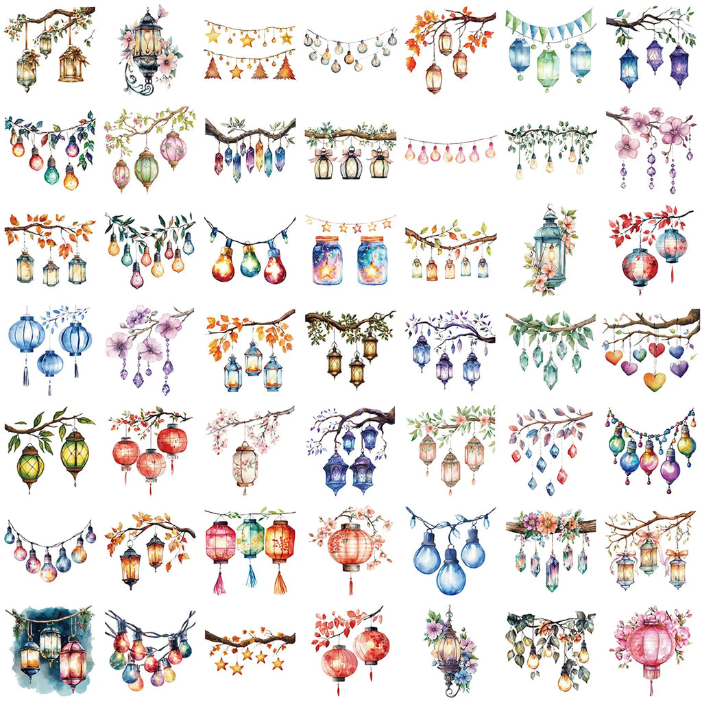 50Pcs Beautiful Lantern PET Transparent Sticker Decoration Mobile Phone Computer Refrigerator Notebook Removable Sticker