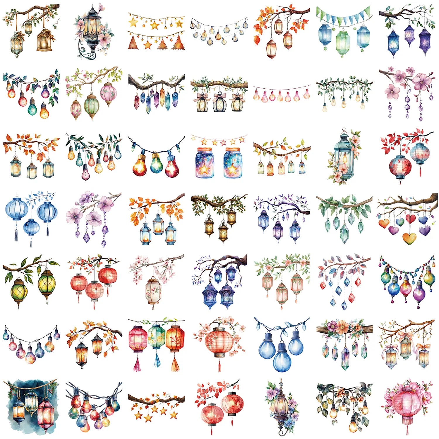 50Pcs Beautiful Lantern PET Transparent Sticker Decoration Mobile Phone Computer Refrigerator Notebook Removable Sticker
