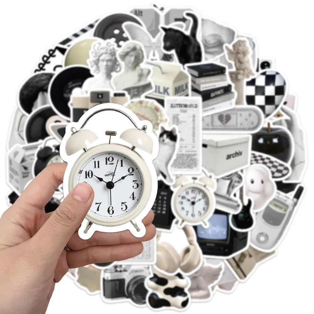 50PCS Black and White Minimalist Cartoon Sticker Bag DIY Sticker Label Tablet Water Cup Decoration Sticker