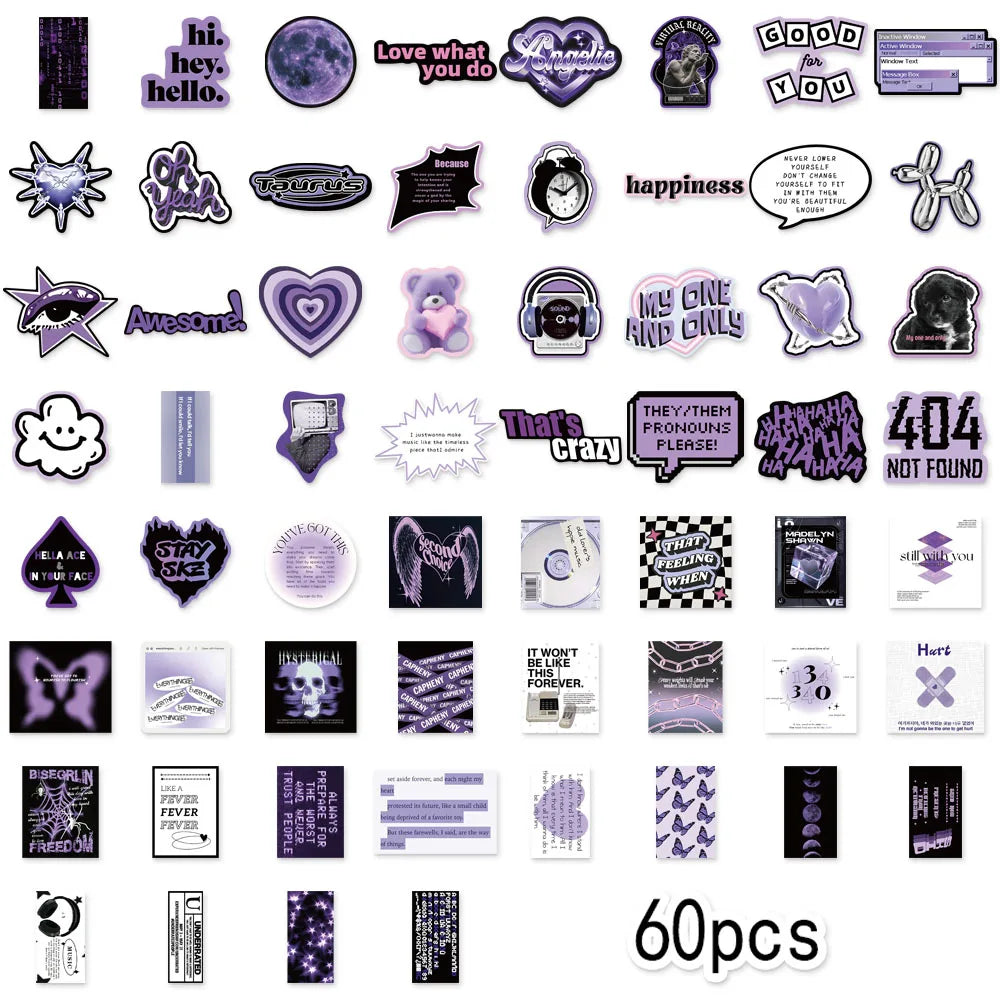 60PCS Black Purple INS Wind Series Stickers Creative DIY Stickers Instructions Tags Tablet PC Decoration Toy Decoration Stickers