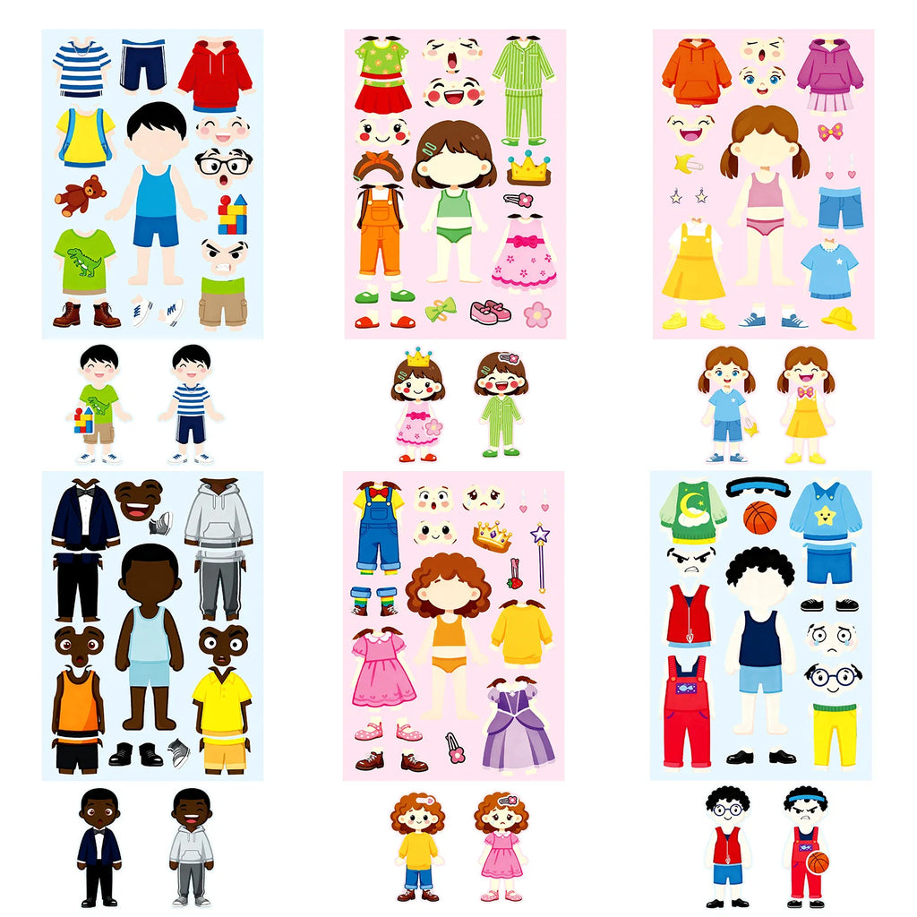 6/12PCS DIY Dress up Puzzle Stickers for Cartoon Characters with Different Skin Colors Clothing Expression Funny Sticker