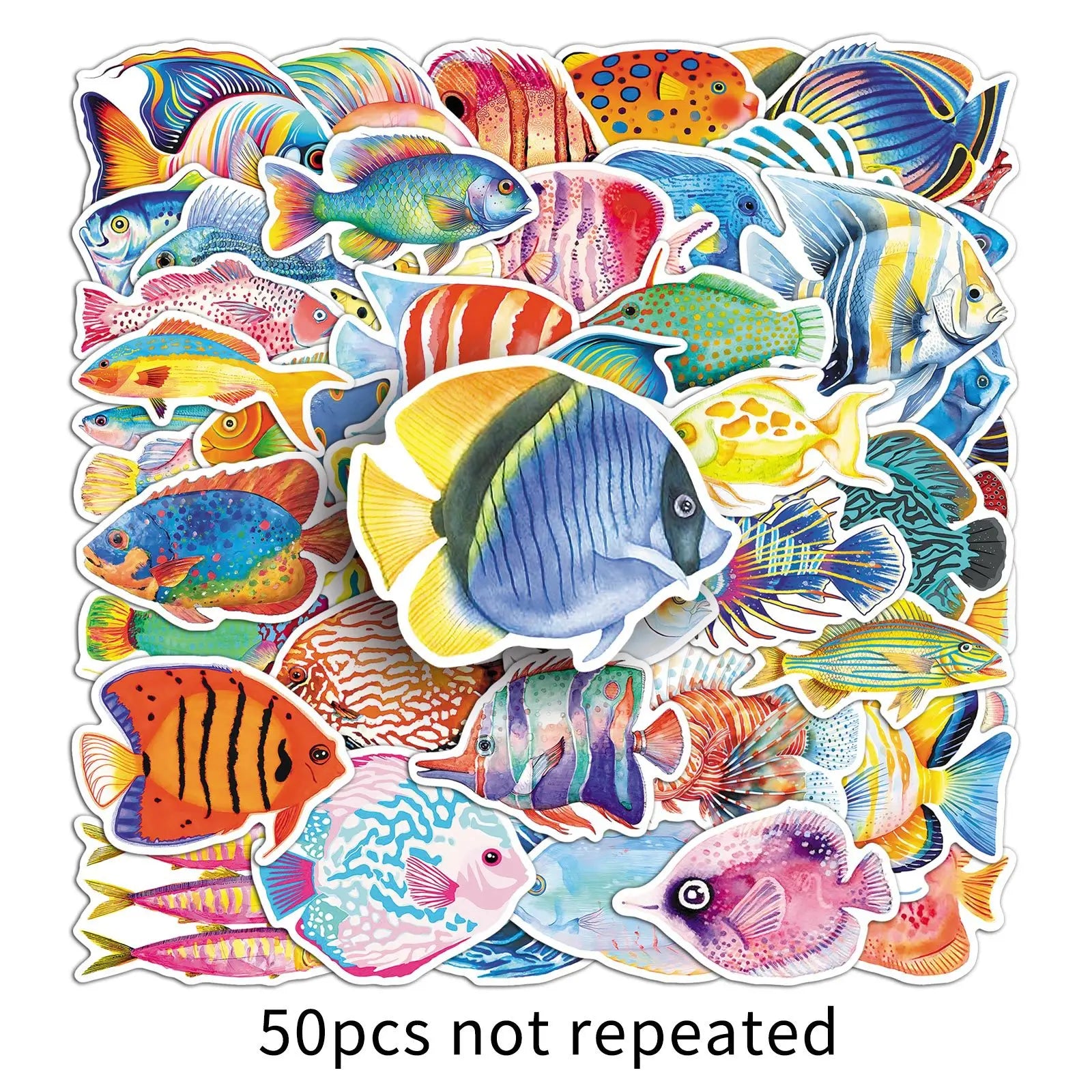 50PCS Cartoon Fish Stickers, Ocean Animal Colorful Fish Waterproof Computer Journal Student Stationery Decor Sticker