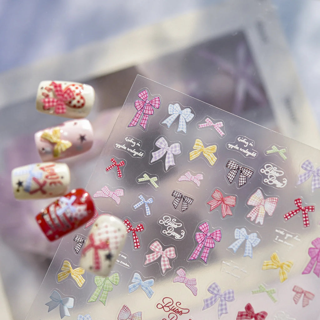 Colorful Bowkont Nail Stickers 3D Thin and Tough Nail Art Stickers Back Glue Bowtie Ribbon Manicure Sticker Decals DIY Accessory