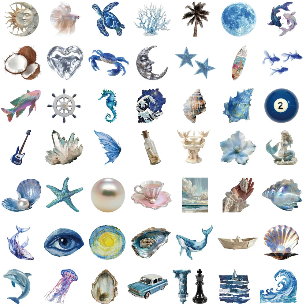 50/100PCS Silver Blue Ocean Ins Wind Sticker Laptop Luggage Phone Motorcycle Guitar Scrapbook Phone Harajuku Creative Stickers