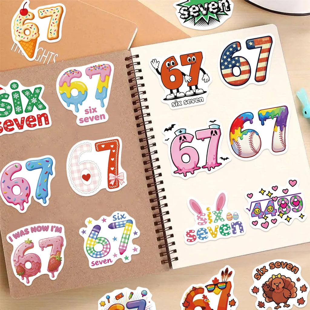 50/100PCS Cartoon Number 67 Doodle Stickers, Creative Decals for Guitar Notebook Suitcase Stationery Phone Case DIY Decor