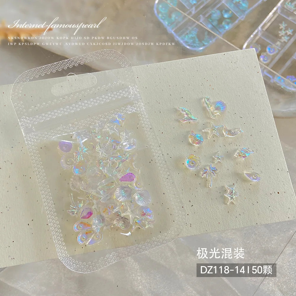 30pcs Ocean Shell Pearl Nail Charms Accessories Pearlescent Shell Aurora Nail Art Rhinestones DIY 3D Cute Nail Decorations Parts