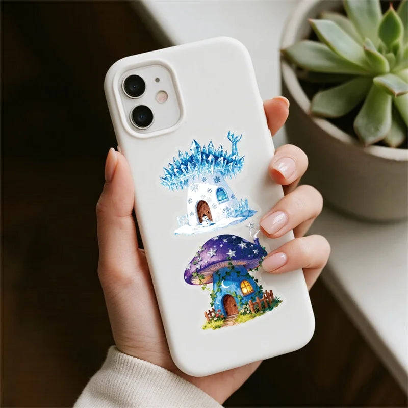 56PCS Fairy Tale Mushroom PET Sticky Sticker Aesthetic Tear Open DIY Decoration Scrapbooking Stationery Supplies for Kids