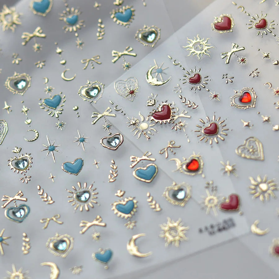 Gold Totem Red Heart Nail Art Stickers Aurora Holographic Star Moon Butterfly 5D Self Adhesive Nail Art RhinestoneS Stickers DIY