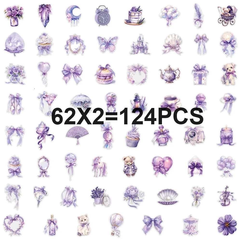 62/124 PCS Transparent PET Purple Graffiti Stationery Notebook Decorative Stickers Luggage Water Cups Scooter Stickers