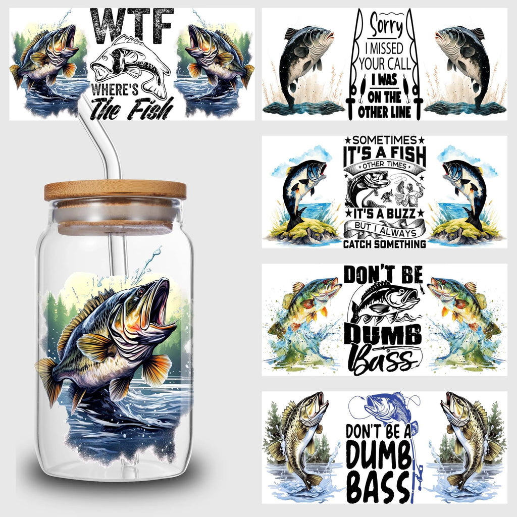 5 sheets fishing UV DTF cup package for 16oz glass cup, waterproof UV DTF stickers for 16oz glass cup, DIY, furniture, crafts