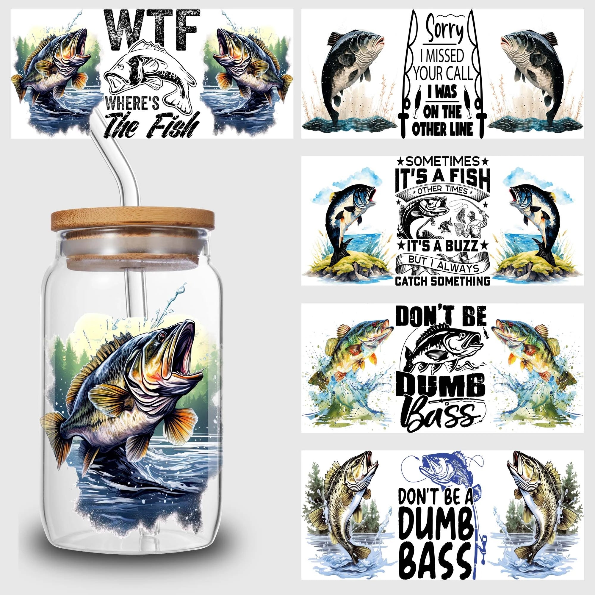 5 sheets fishing UV DTF cup package for 16oz glass cup, waterproof UV DTF stickers for 16oz glass cup, DIY, furniture, crafts