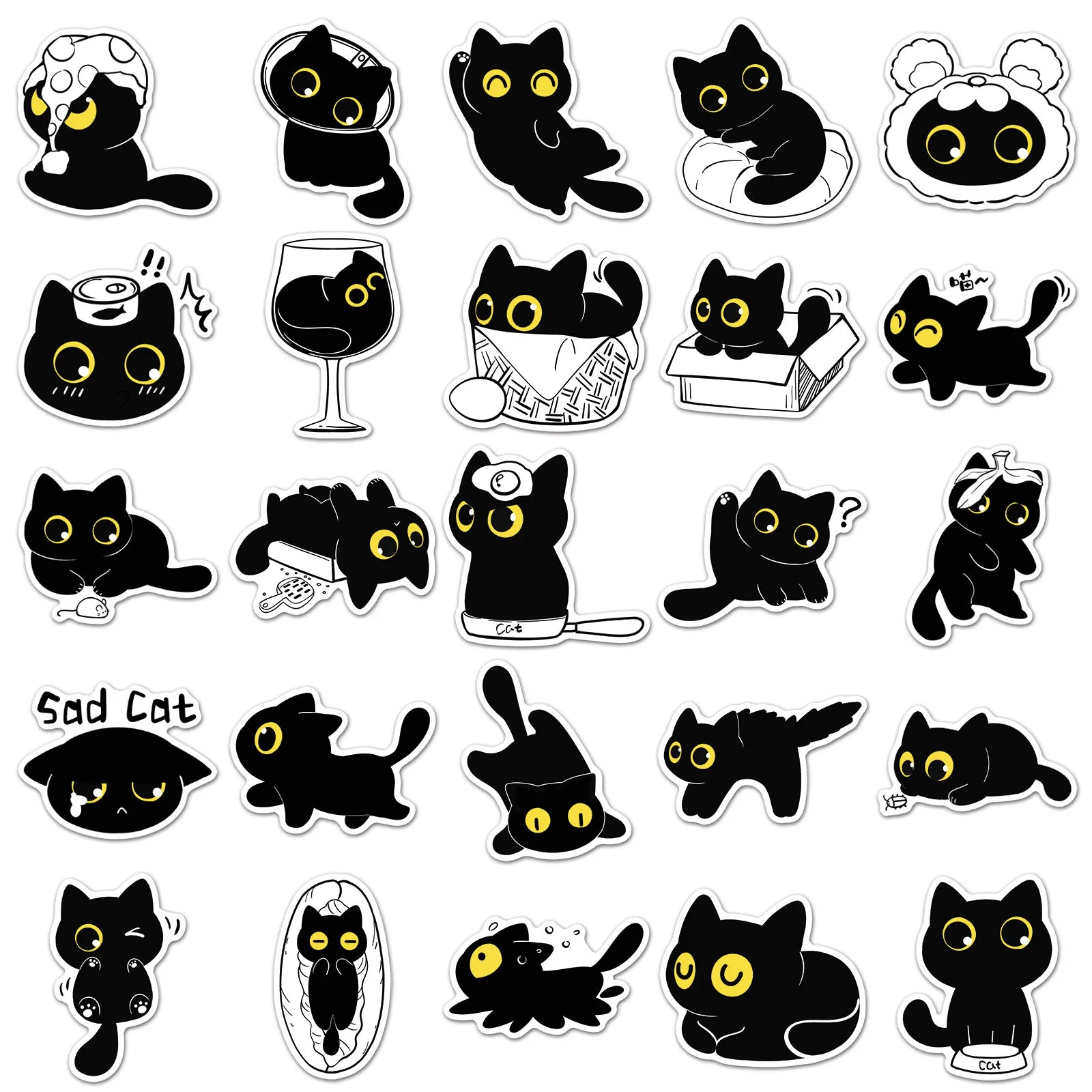 50/100PCS Cartoon Black Cat Daily Stickers Cartoon Cute Hand drawn Animal Creative Water Cup Ohone Stickers