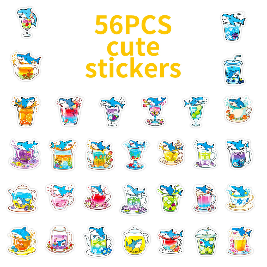 56PCS Cute Shark Cup Graffiti Stickers Creative Cartoon Shark Account Helmet Decoration Stickers