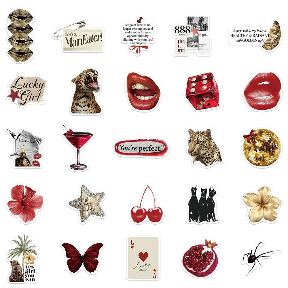 50-100PCS Gold & Red Y2K Stickers DIY Account Phone Cases Water Cups Computer Decoration Waterproof Stickers