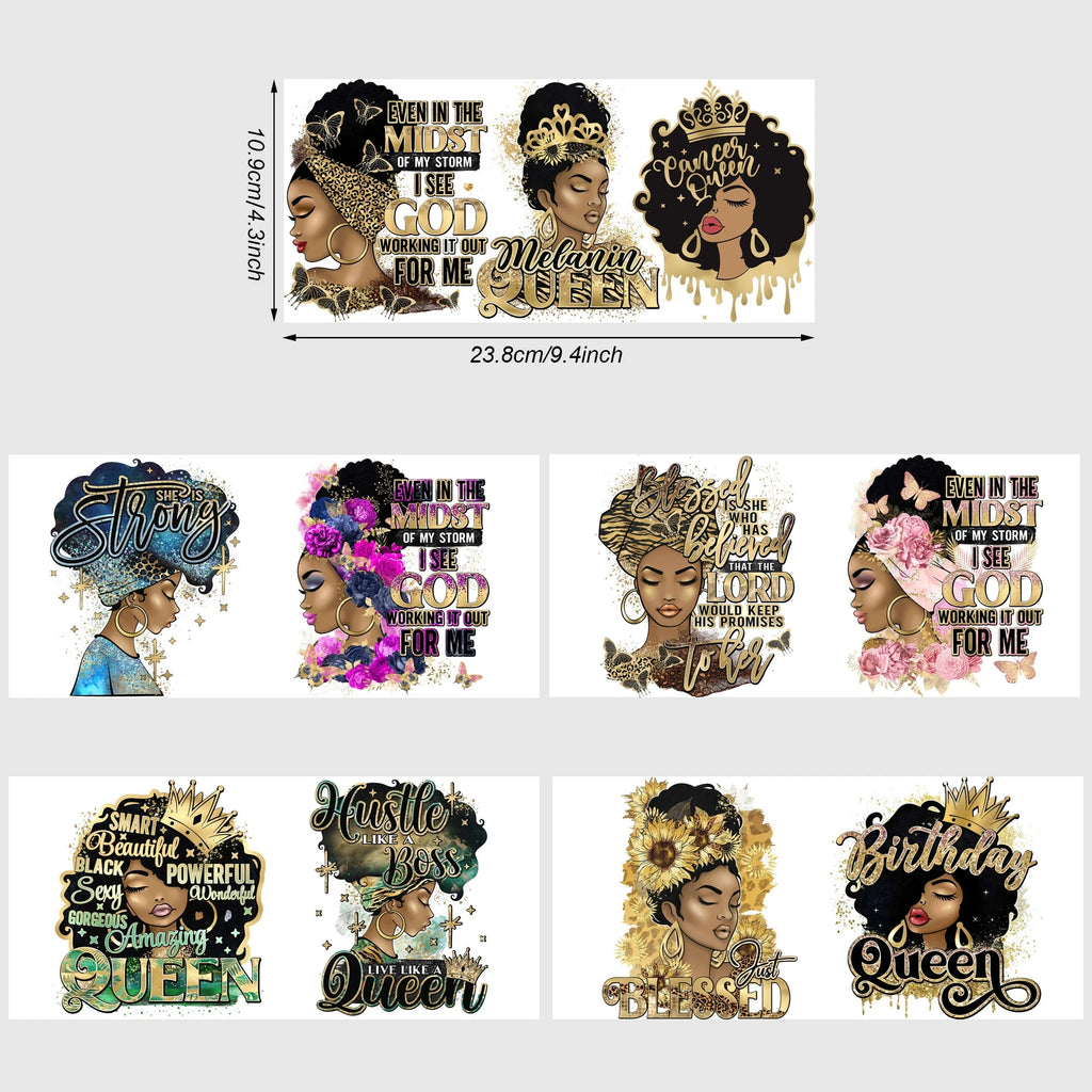 5 Sheets Queen UV DTF Cup Stickers, DTF Friction Transfer Stickers, Waterproof Black Girl Transfer Stickers