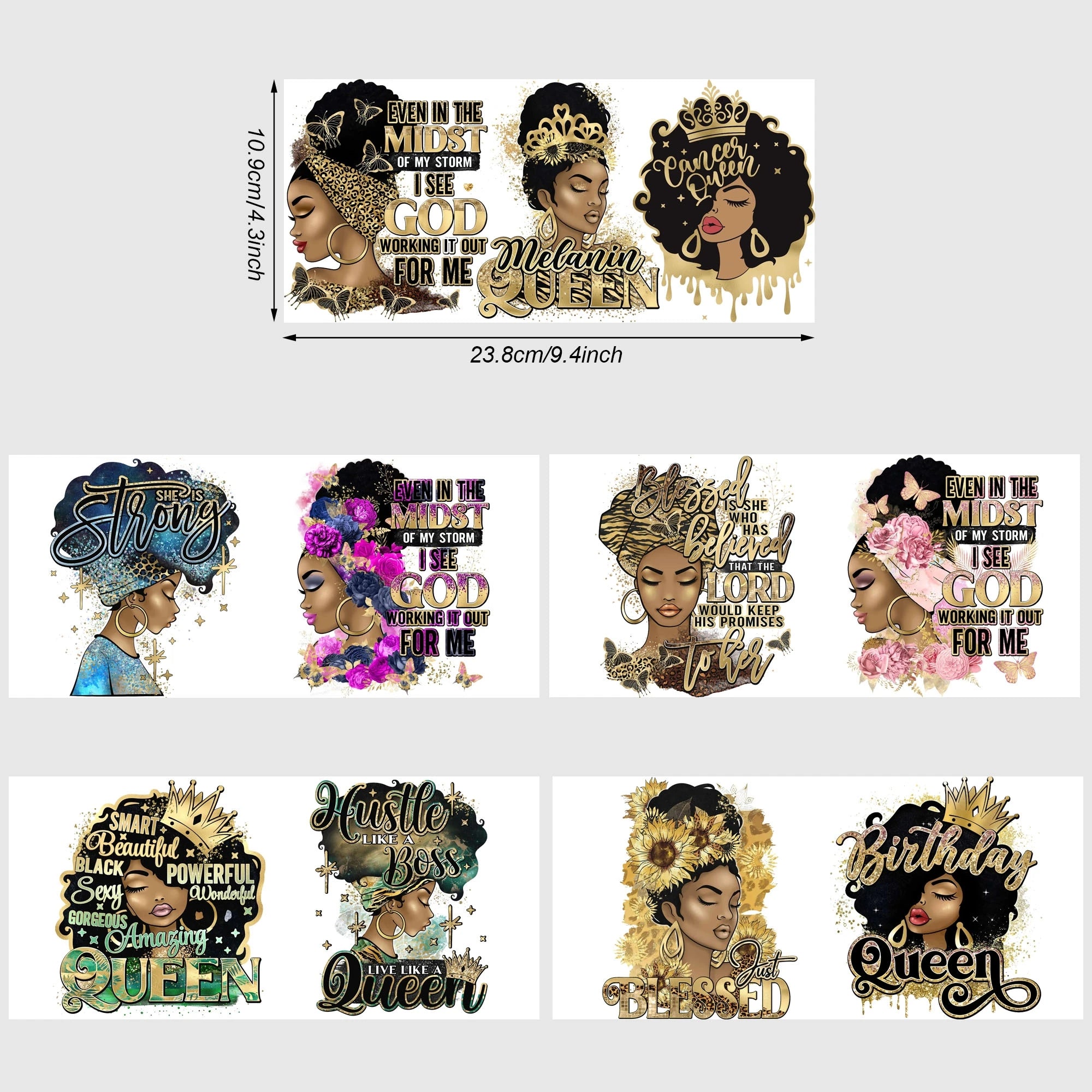 5 Sheets Queen UV DTF Cup Stickers, DTF Friction Transfer Stickers, Waterproof Black Girl Transfer Stickers