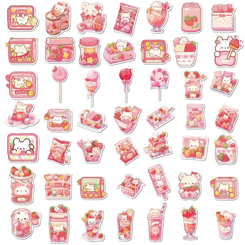 10/30/50PCS Cute Pink Food PVC Sticker Aesthetic Children's Decoration Scrapbooking Korean Stationery School Supplies for Kids