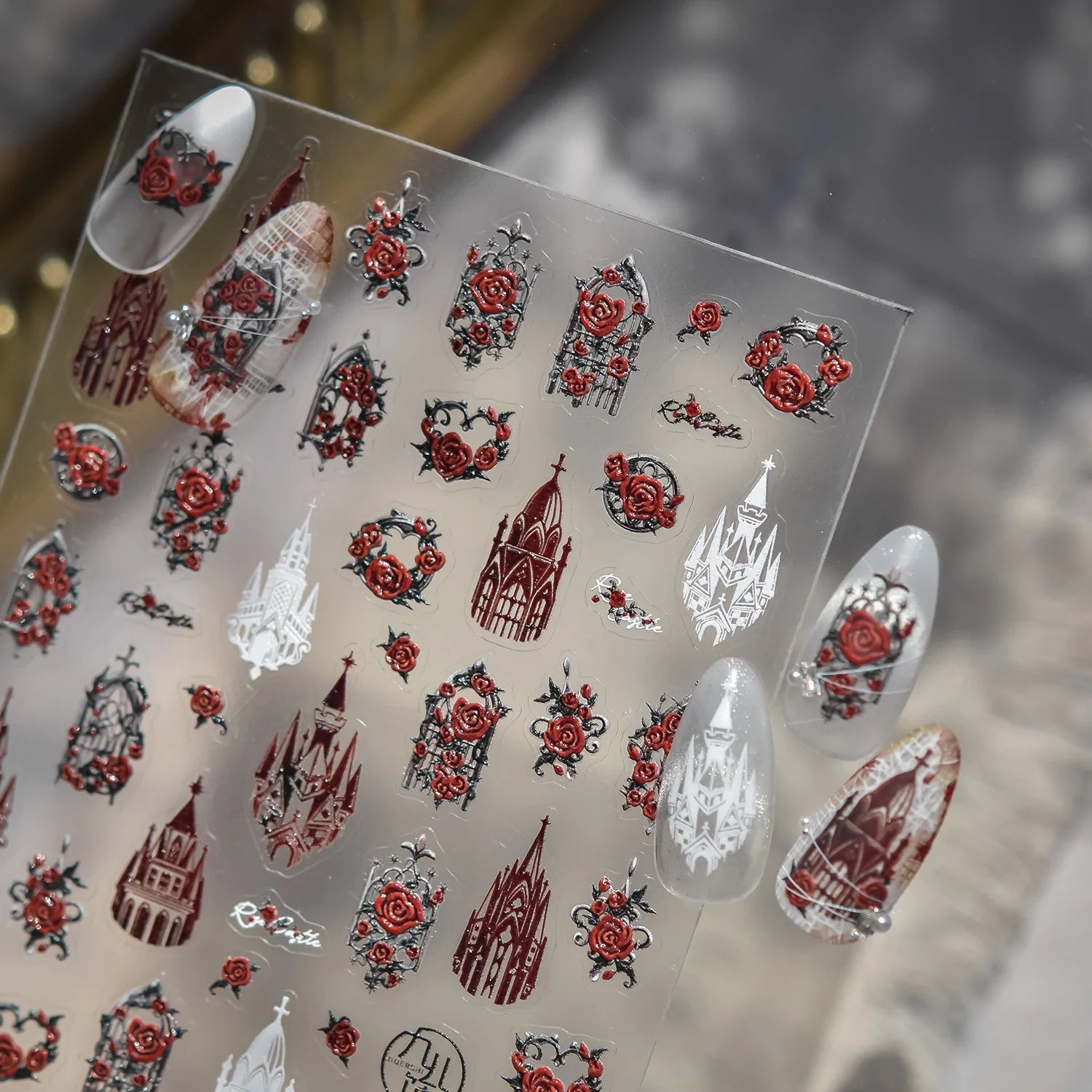 Halloween Stickers 5D Embossed Dark Castle Flower Window Butterfly Rose Spider Nail Art Stickers Decals DIY Nails 3D Decorations