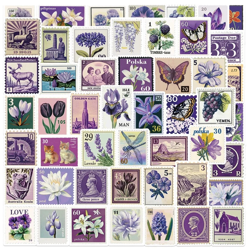 10/30/50PCS Vintage Purple Stamps PVC Sticky Sticker Aesthetic DIY Children's Decoration Scrapbooking School Supplies