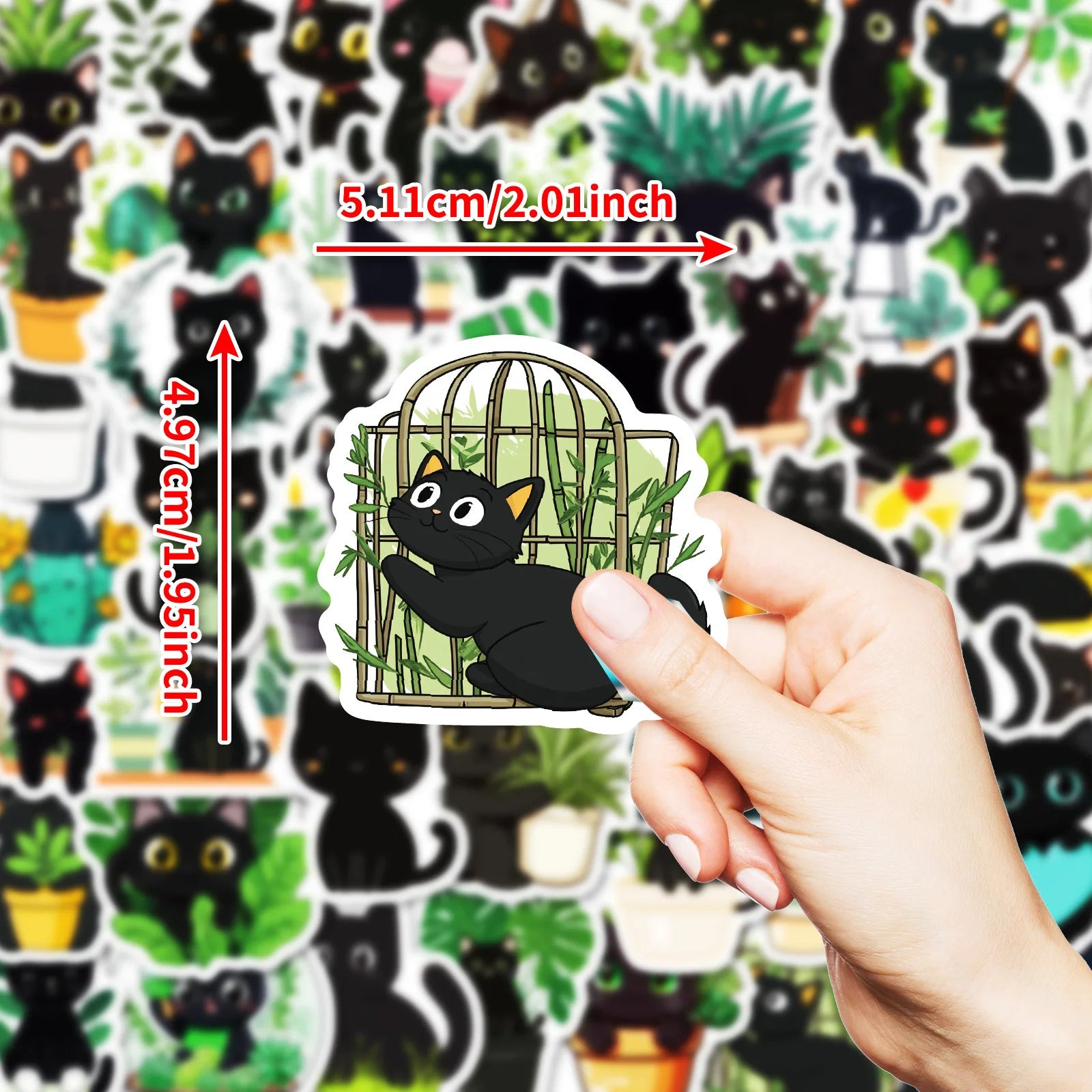 50Pcs hand drawn plant black cat graffiti decoration stickers cartoon water cup guitar computer skateboard stickers