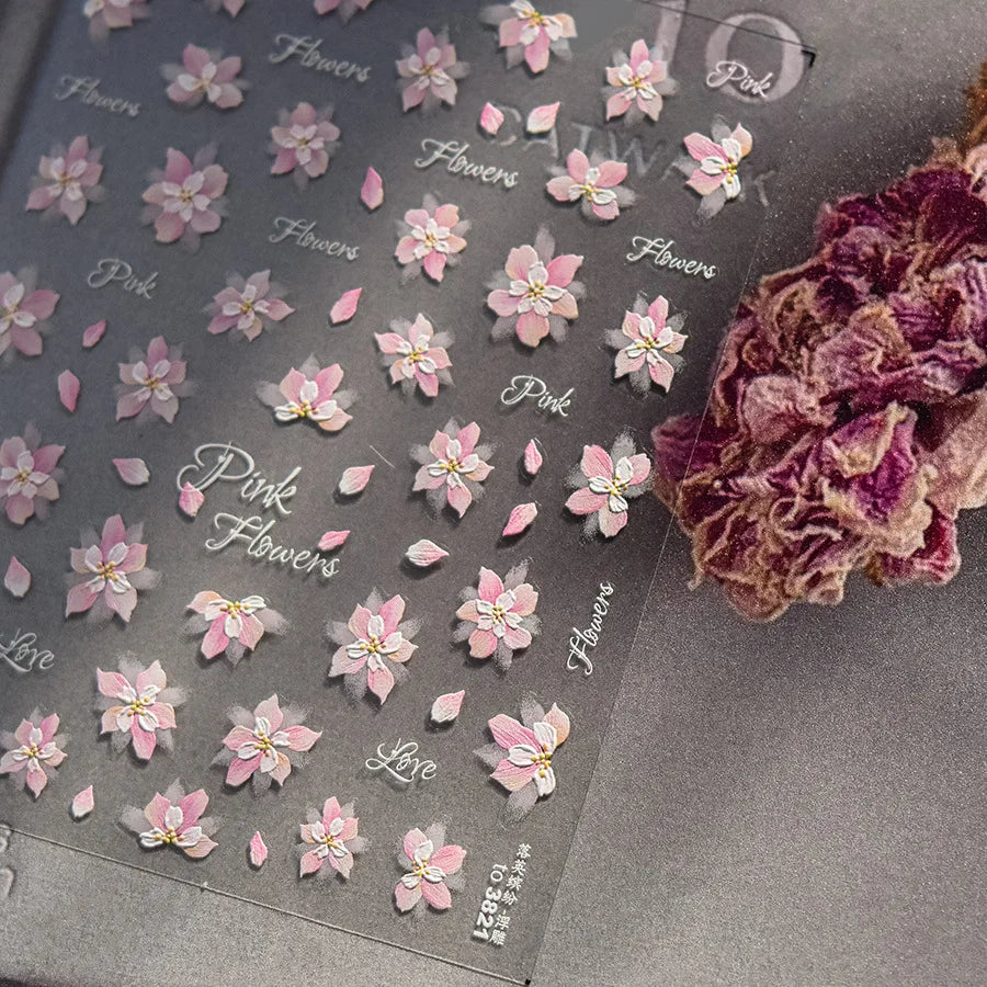 5D Embossed Nail Stickers Elegant Pink Flowers Self Adhesive Nails 3D Decorations Stickers DIY Charms Flowers Nails Art Decals