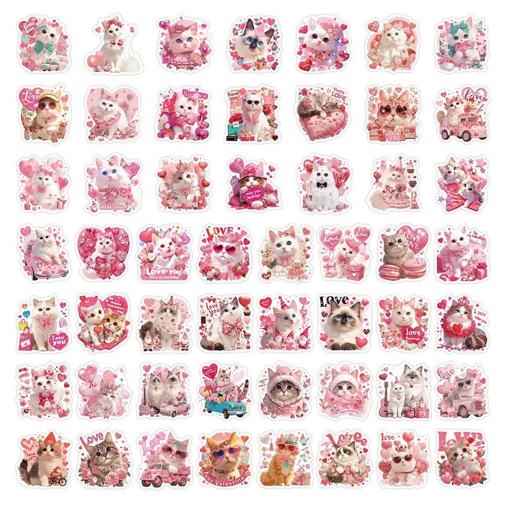50-Pack Pink Valentine's Day Cat Doodle Stickers Waterproof Cute Decorations for Water Bottle Guitars Mobile Tablet Luggage
