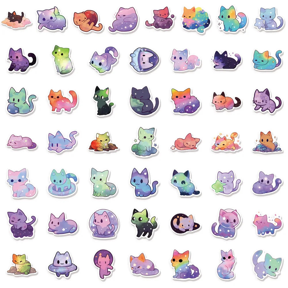 50PCS Cartoon Rainbow Starry Sky Cat Stickers Cute and Beautiful Cat DIY Stickers Manual Tags Flat Toys Decorative Stickers