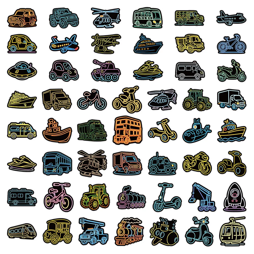 50/100 Pcs Neon Vehicle Cartoon Car Airplane Series Stickers for Helmet Skateboard Cup Laptop Phone Stationery Box Decals