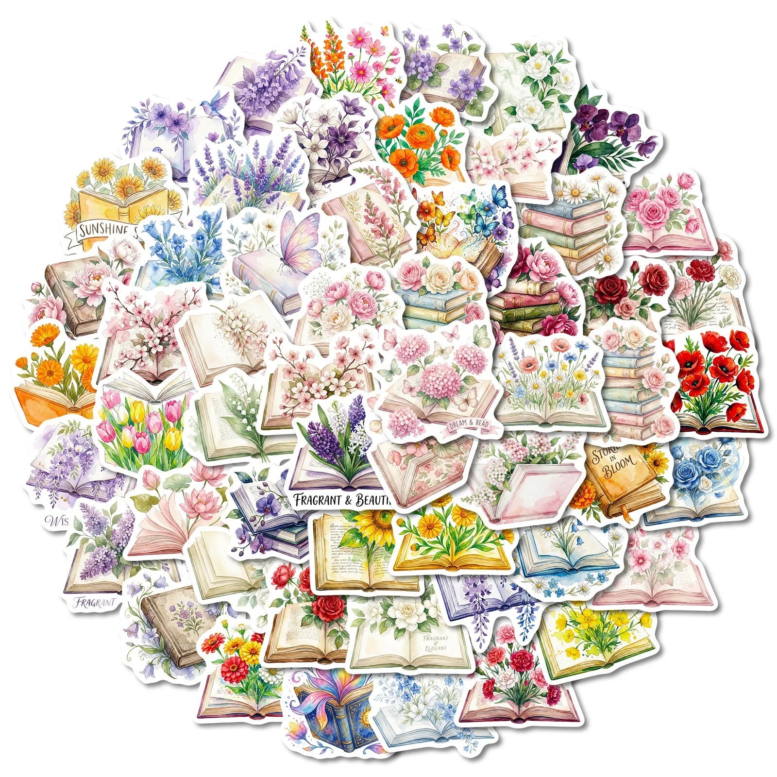 56-Pack Books & Flowers Waterproof Graffiti Stickers for Luggage Skateboards Journals And More