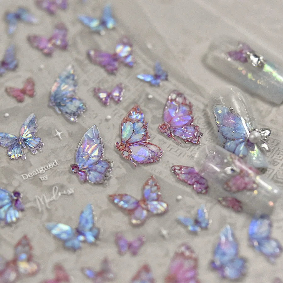 1pcs 5D Japanese Kawaii Butterfly Nail Stickers Luxury Glitter Shell Aurora Nail Art Decorations Decals DIY Manicure Slider Foil