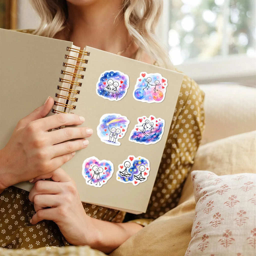 50/100 Pcs Galaxy Watercolor Stick Figure Couple Stickers Dreamy Minimalist Waterproof for Atmosphere Phone Laptop Diary Decals