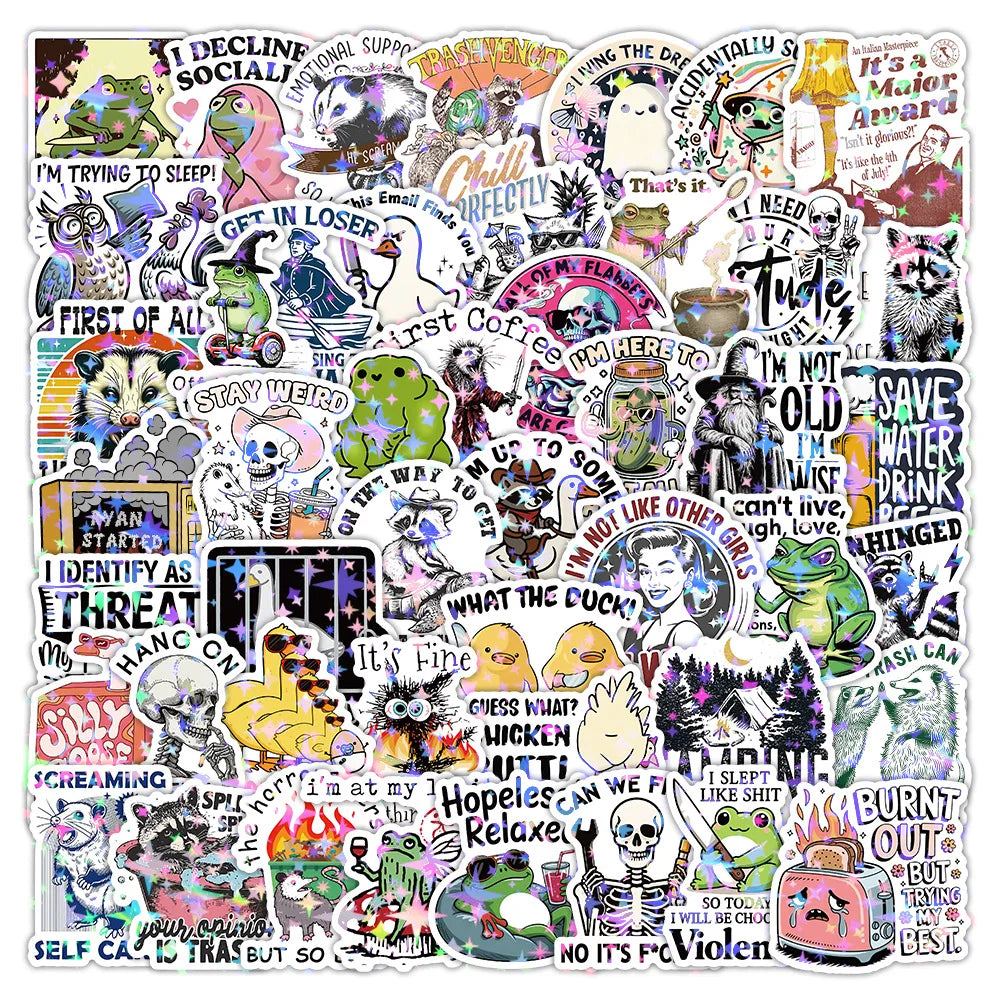 50/100 Pcs HD Holographic Fun Text & Animal Stickers Fade Resistant Removable No Trace for Stationery Box Phone Laptop Bicycle