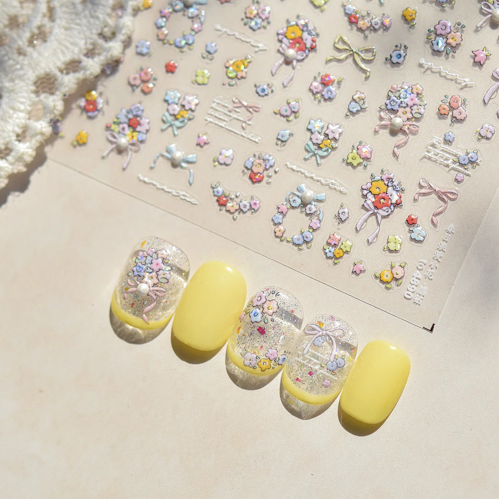Classic White Flowers Nail Charms Stickers 5D Embossed Pearls Flowers Ribbon Design Nail Art Stickers DIY 3D Manicure Decoration