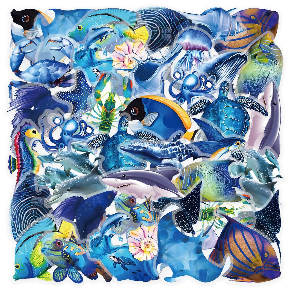 50PCS Cartoon Underwater World Marine Life Stickers PET Decor Phone Stationery Box Waterproof Stickers for Children Rewards