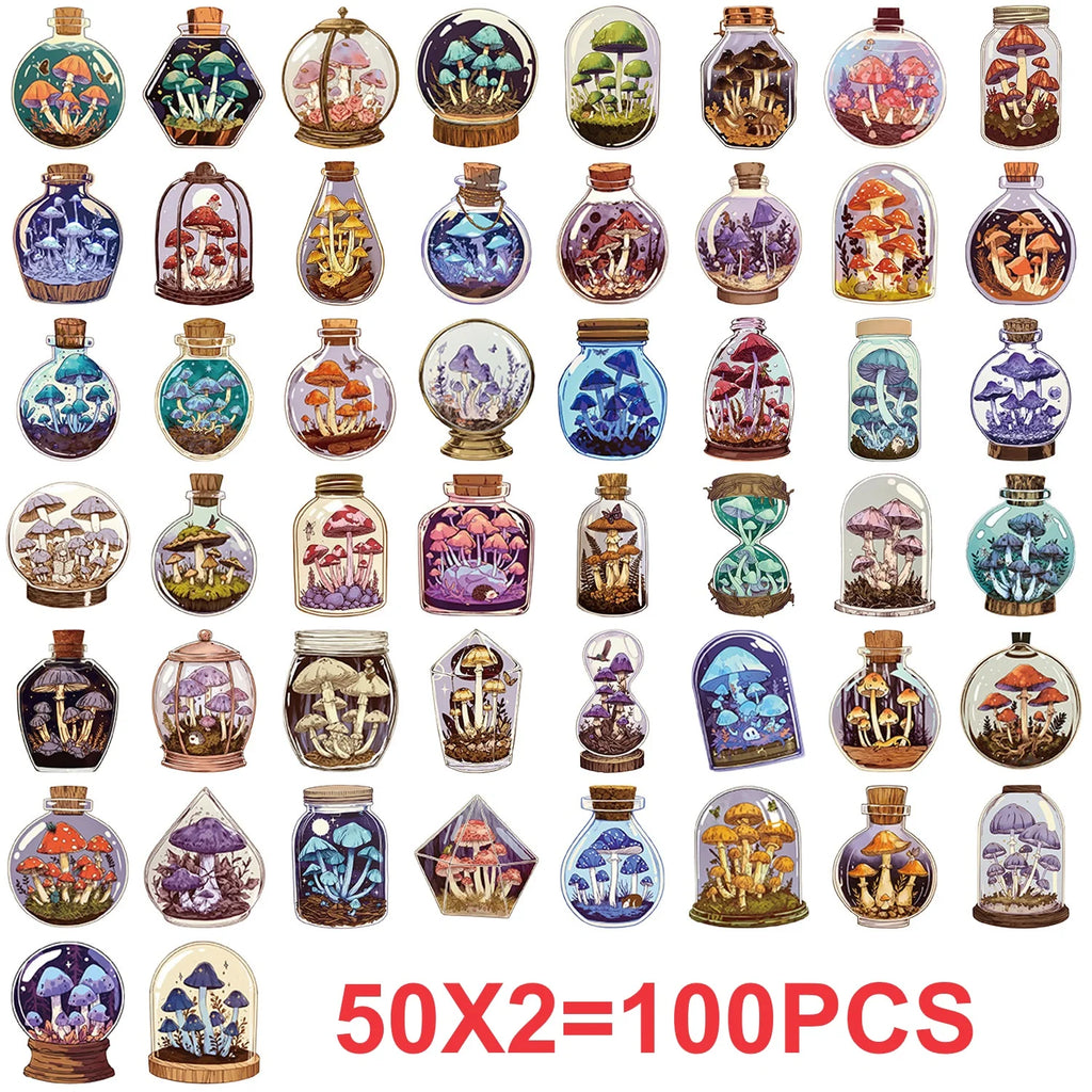 50/100PCS Transparent PET Cartoon Retro Mushroom Bottle Sticker Pack Waterproof Decorative Guitar Notebook Stickers