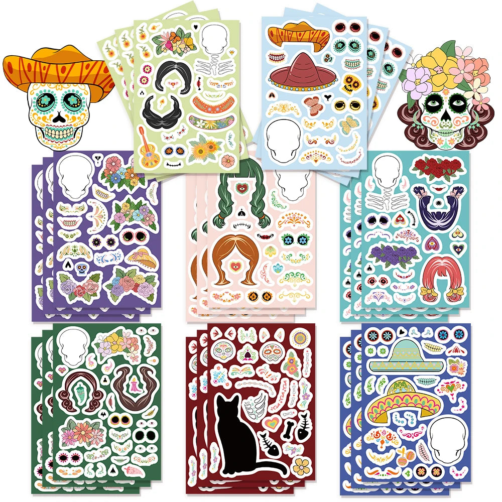 8PCS Cartoon Mexican Day of the Dead Creative Decoration DIY Phone Case Luggage Tablet Puzzle Toy Stickers