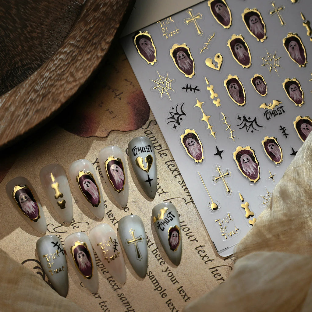 1pcs Luxury 5D Gilding Gold Halloween Nails Sticker New Bat Cross Ghost Design Nail Slider DIY Self Adhesive Nail 3D Decoration