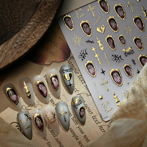 1pcs Luxury 5D Gilding Gold Halloween Nails Sticker New Bat Cross Ghost Design Nail Slider DIY Self Adhesive Nail 3D Decoration