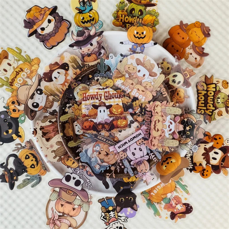 56PCS Cartoon Halloween PET Sticky Sticker Aesthetic Tear Open DIY Decoration Scrapbooking Sketchbook Supplies for Kids
