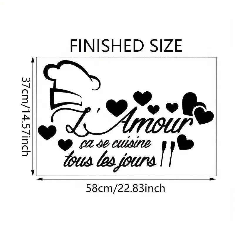 Modern French Kitchen Wall Sticker - "L'Amour se Cuisine Tous les Jours" with Heart Design, Self-Adhesive Plastic Decal for Glas
