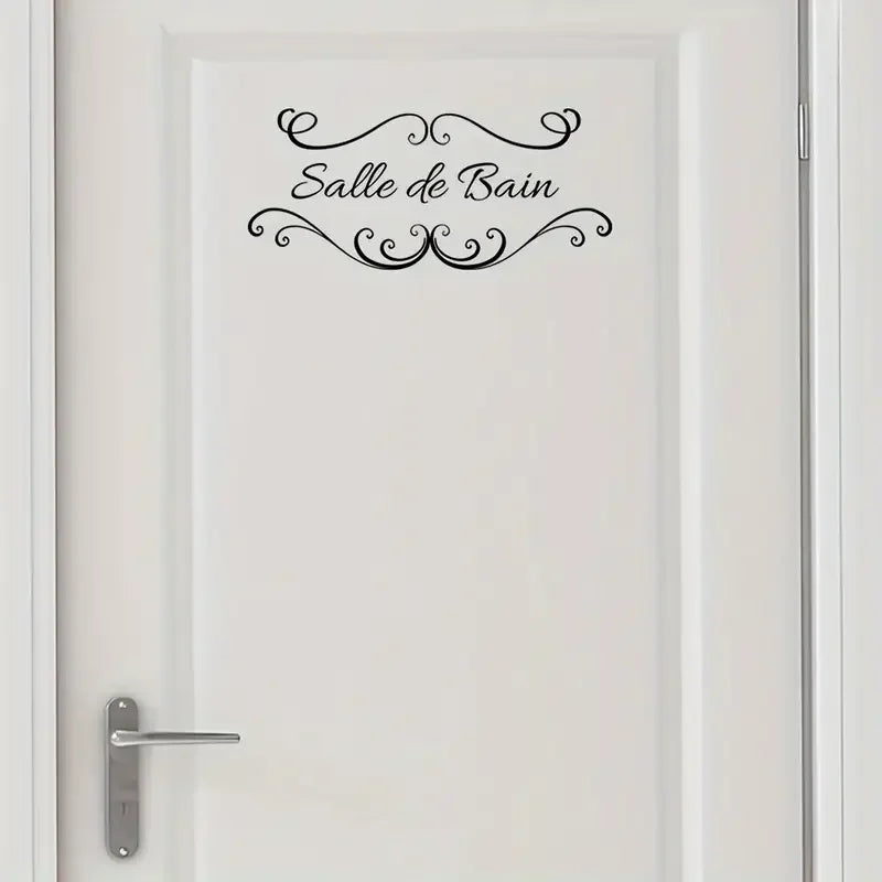 1pc French "Salle de Bain" Vinyl Door Decal - Contemporary Style, Removable Bathroom & Restroom Wall Sticker with Elegant Laurel