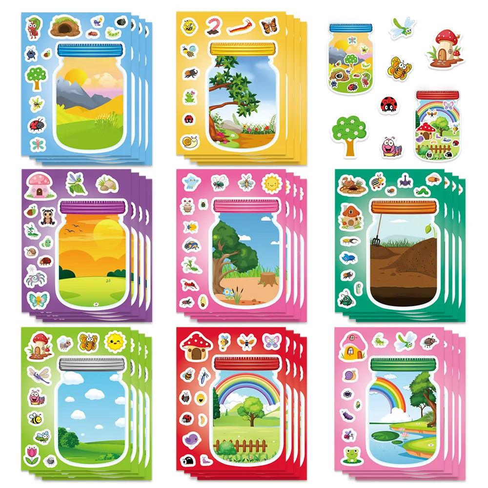 8/16/24Pcs Cartoon Outdoor Bottled World Puzzle Stickers, DIY Fun Decals for Stationery Notebook Diary Fridge Storage Box